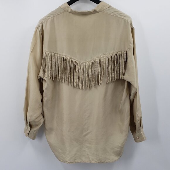 Vtg Silk Mist Button Up Western Shirt Womens L Tan 100% Silk Fringe Long Sleeve - Picture 6 of 8